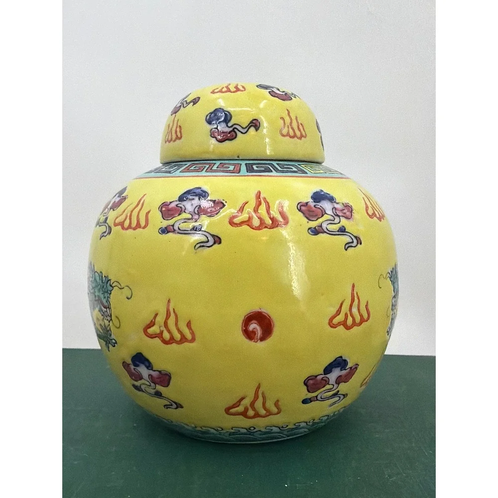 Vtg Chinese Imperial Yellow Dragon Ginger Jar Porcelain Hong Kong Decorated 5
